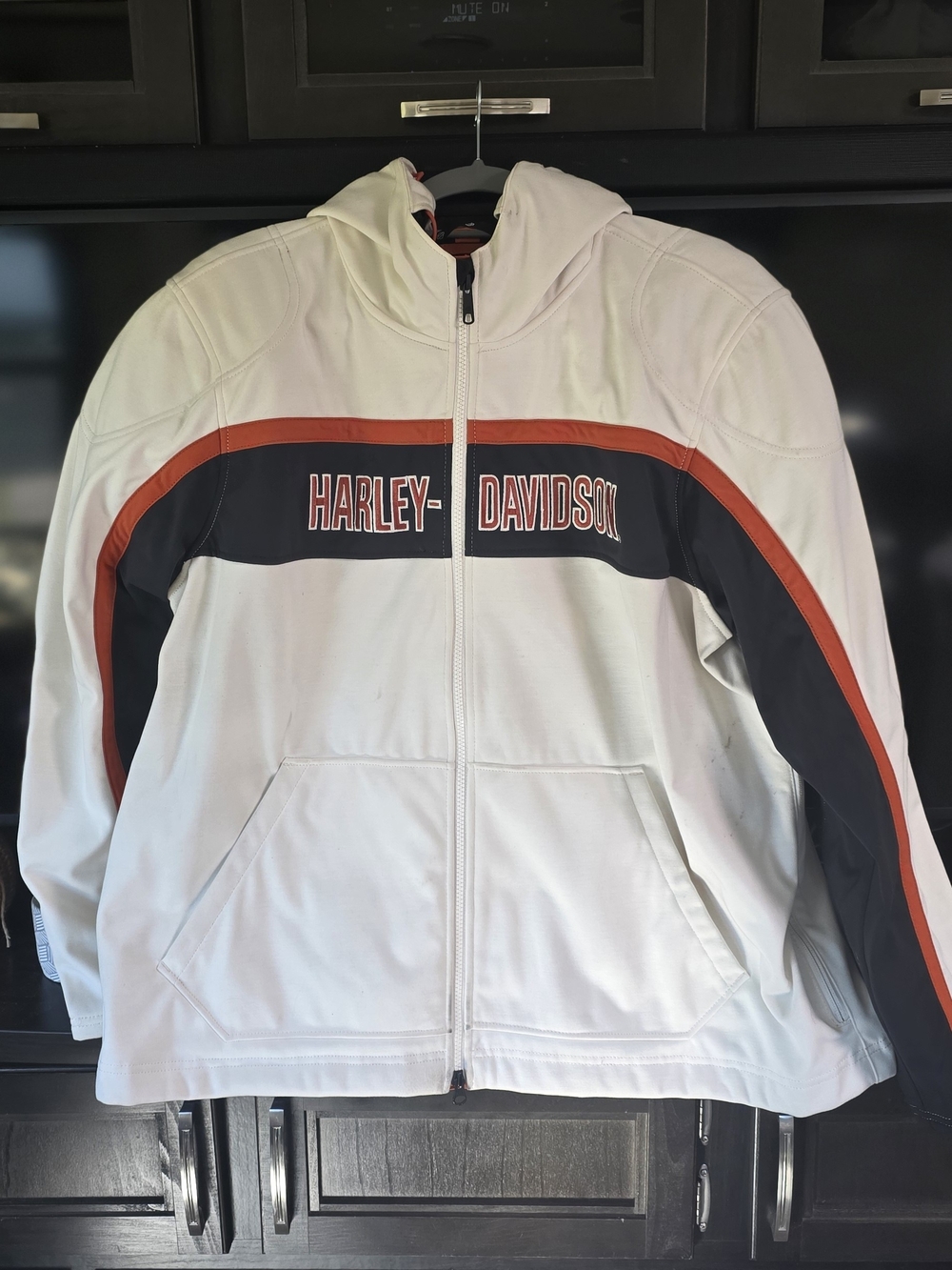 Harley-Davidson Womens White Zip-Up Hooded Jacket with Orange & Black Accents